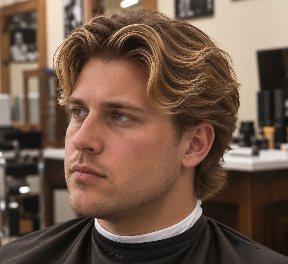 Flow haircut från sidan med vågigt hår som faller bakåt