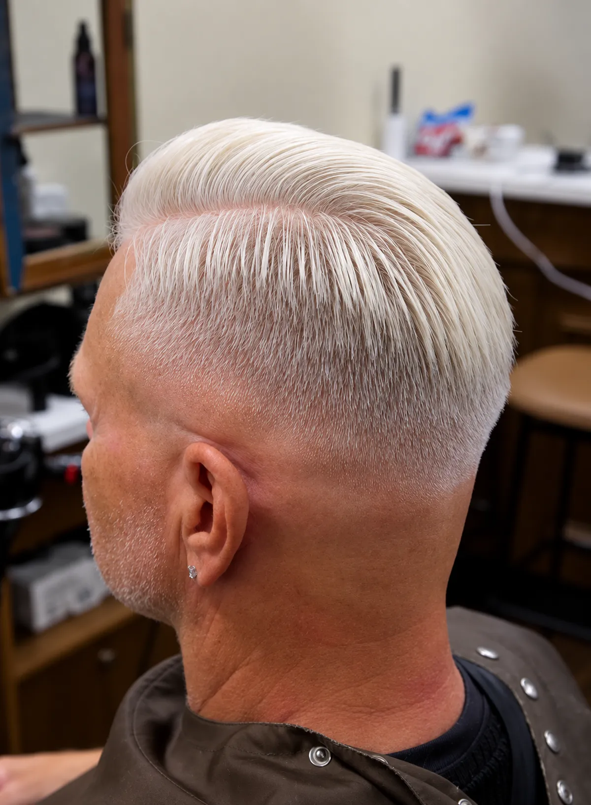 High skin fade på vitt hår från sidan hos Tailor's Barber