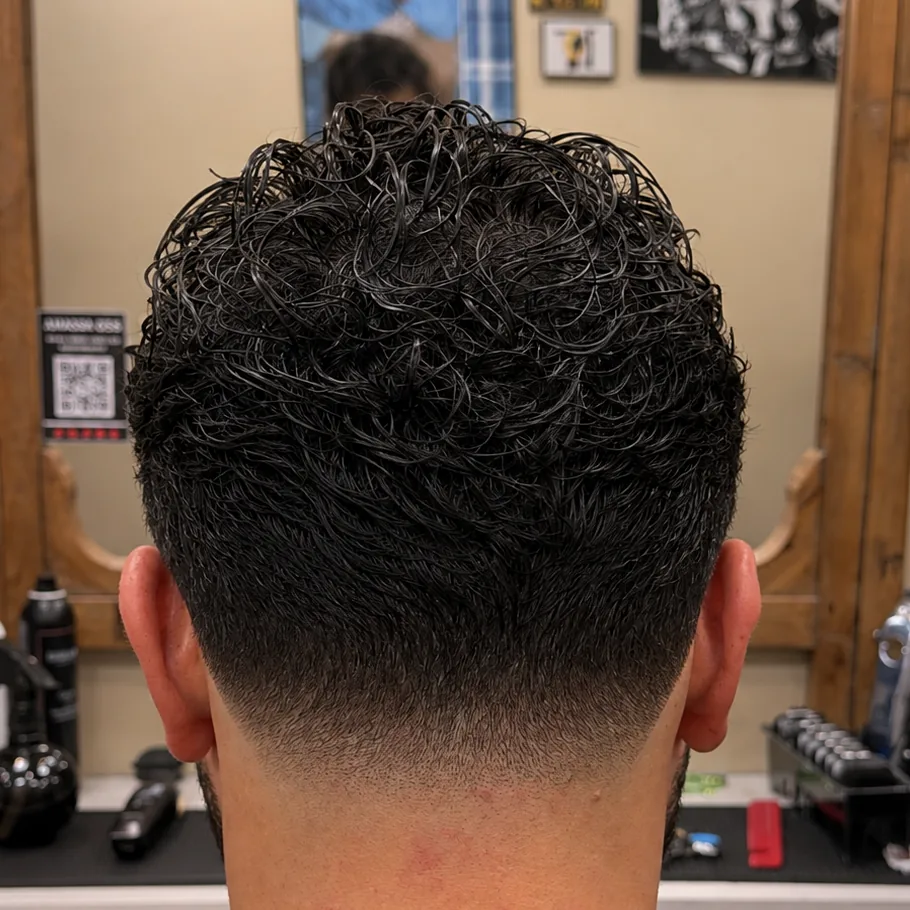 Low taper fade bakifrån med lockigt hår på toppen