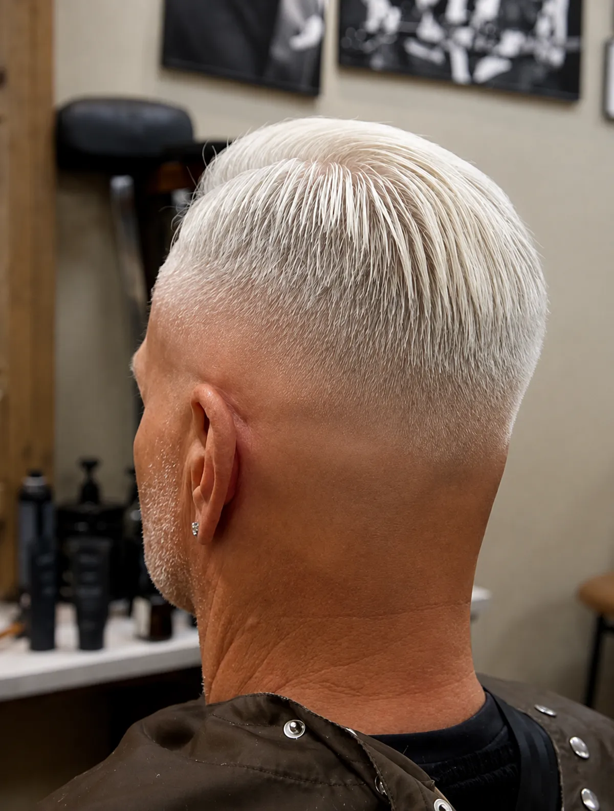 High skin fade på vitt hår bakifrån med ren nacklinje