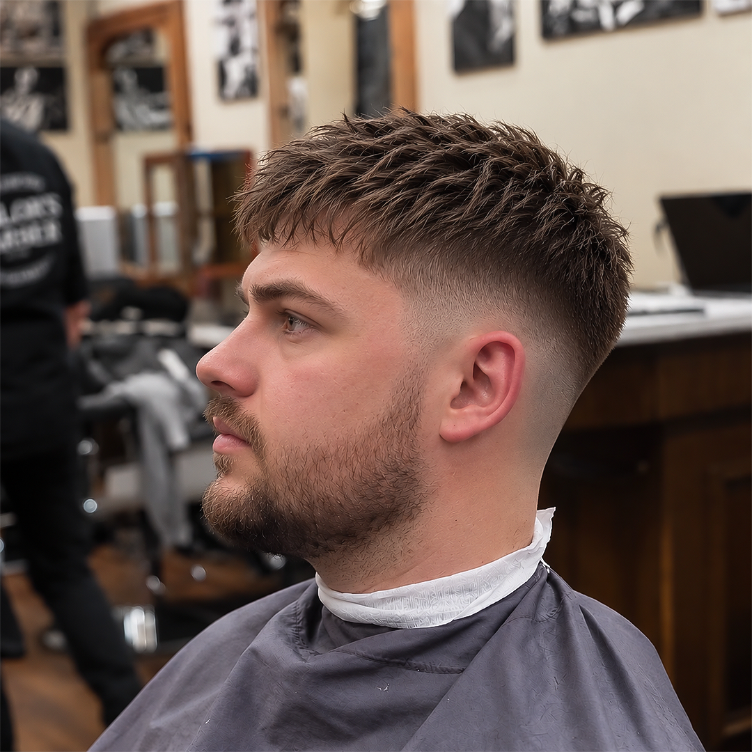 Textured crop med mid fade sedd från sidan, klippt hos Tailor's Barber