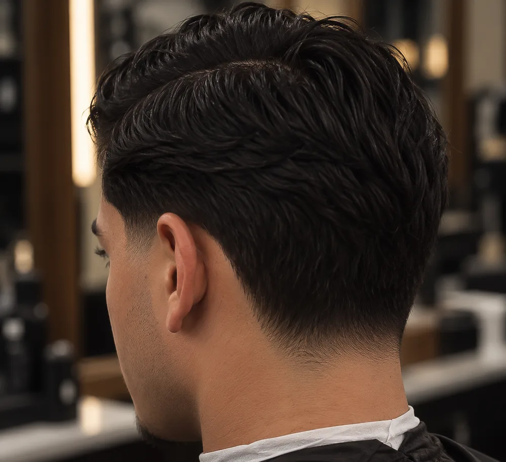 Low taper fade sedd snett bakifrån med mjuk övergång i nacken