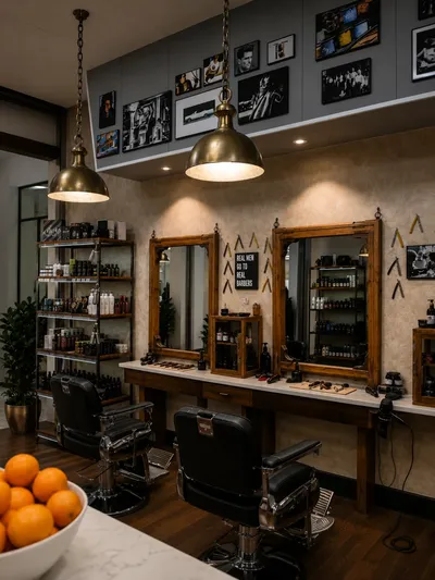 Insidan av barbershopen i Täby Centrum med två barberarstolar, speglar i träram och hyllor med hårprodukter