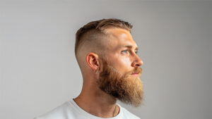 Modern herrfrisyr kombinerat med välformad skäggtrimning – professionell grooming för män.