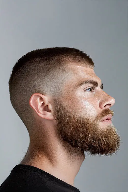 stilren kund på tailors barber med skin fade buzzcut och skäggtrimning