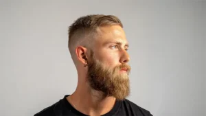 Modern herrfrisyr kombinerat med välformad skäggtrimning – professionell grooming för män.
