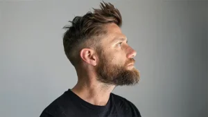 Modern herrfrisyr kombinerat med välformad skäggtrimning – professionell grooming för män.