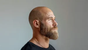 Man med fylligt skägg och stylad frisyr – perfekt formad skäggtrimning hos barberare.