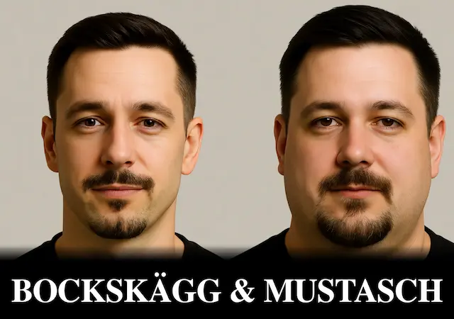 Man med bockskägg och mustasch – klassisk skäggstil som passar ett rundare ansikte.