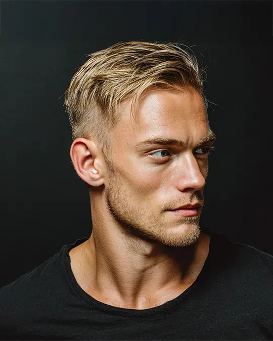 Bild på en man som är blond med högt självförtroende efter herrklippning.