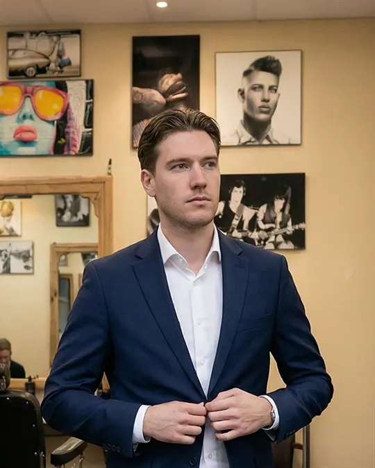 Man i kostym efter herrklippning hos Tailor’s Barber i Stockholm City