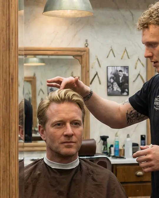 Barberare konsulterar kund inför herrklippning i Stockholm