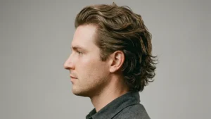 Flow haircut för män med längre hår som faller bakåt – modern herrfrisyr hos barber i Stockholm