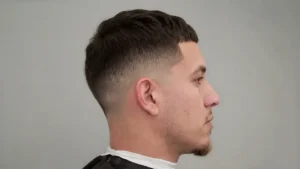 Low fade herrfrisyr med mjuk övergång från korta sidor till längre hår på toppen