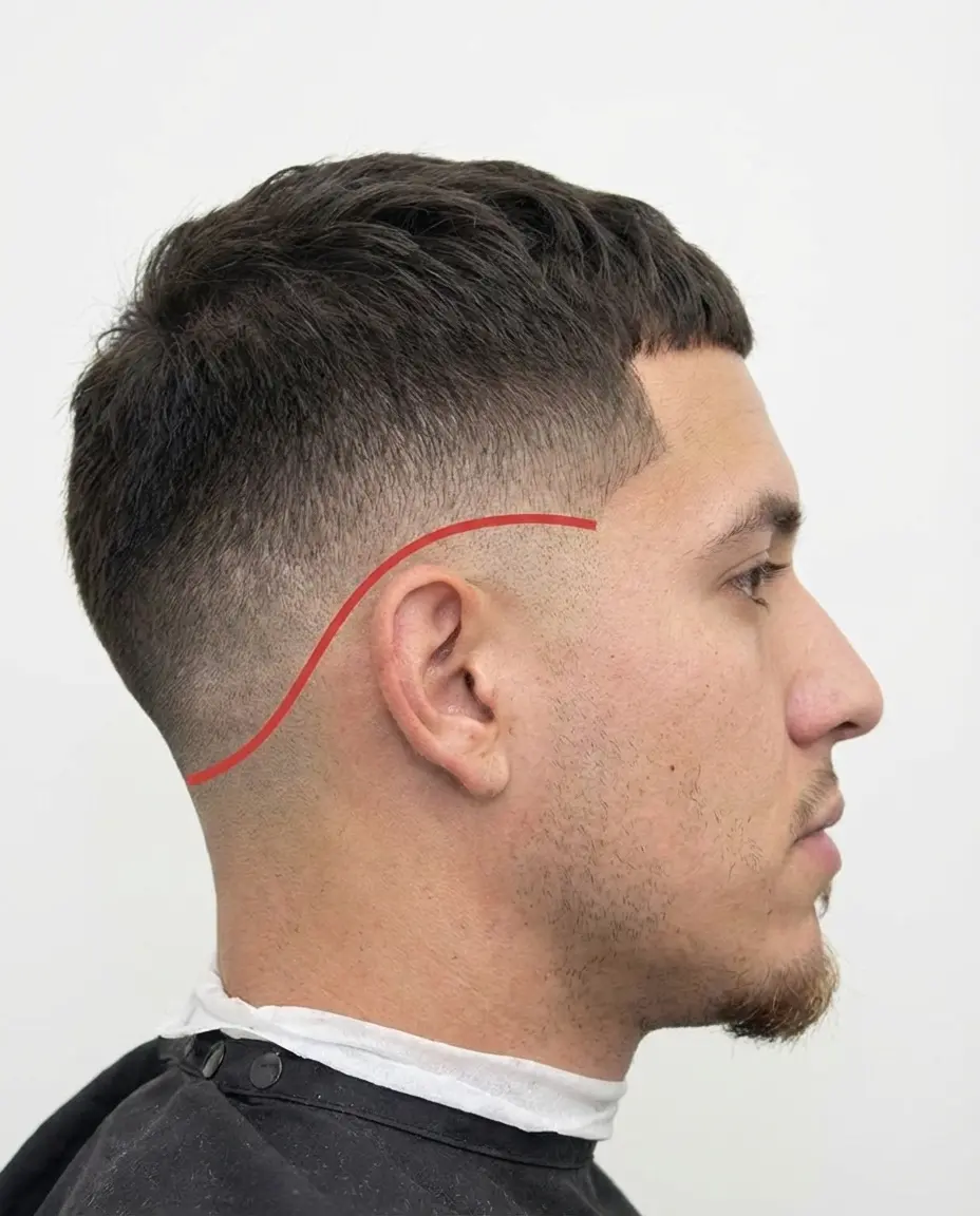 Low fade haircut där övergången börjar lågt runt öronen